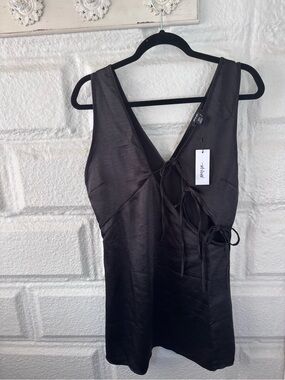 Nasty Gal Black Satin Lace-Up V-Neck Mini Dress